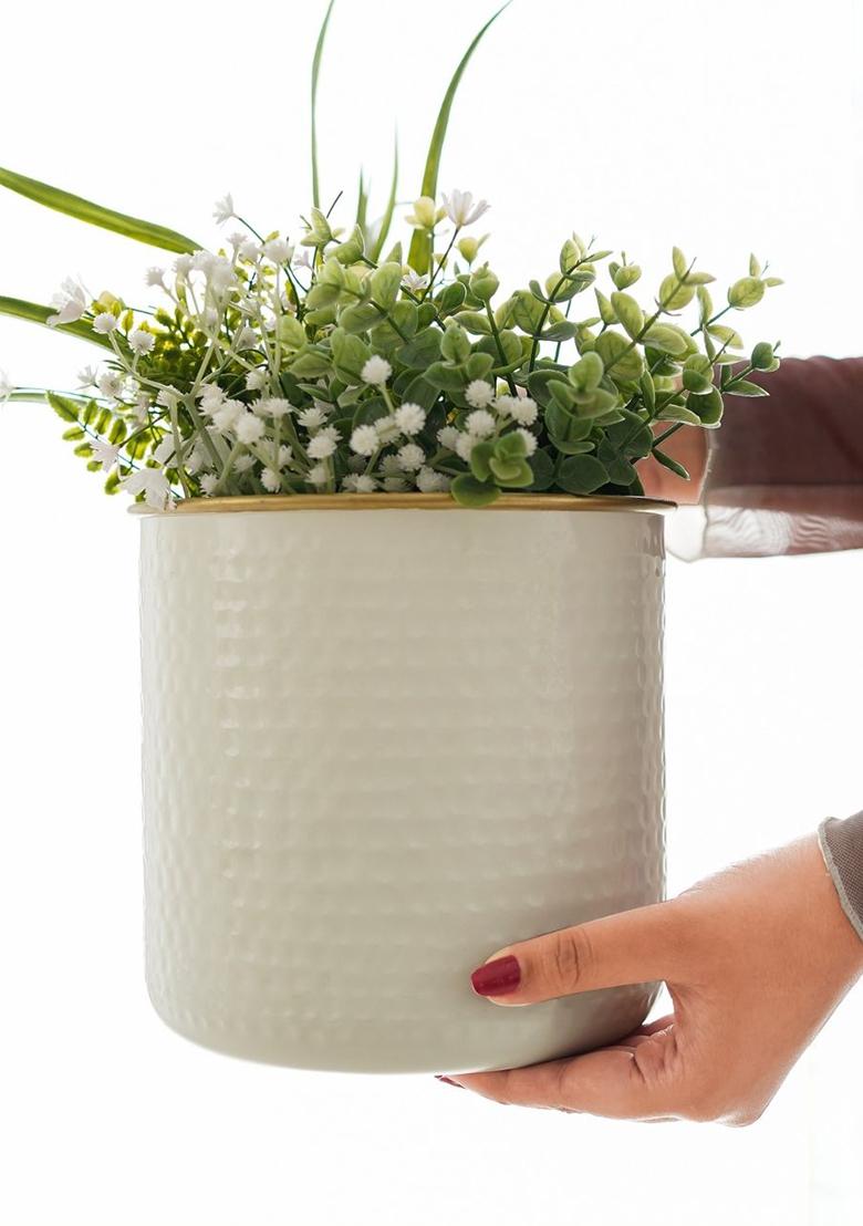 White Hammered Metal Planter Large