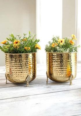 Gold Metal Leaf Leg Planter (Set Of 2)