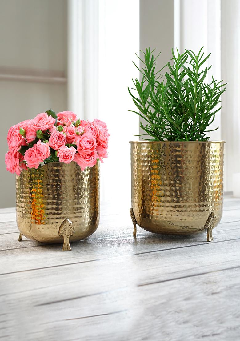 Gold Metal Leaf Leg Planter (Set Of 2)