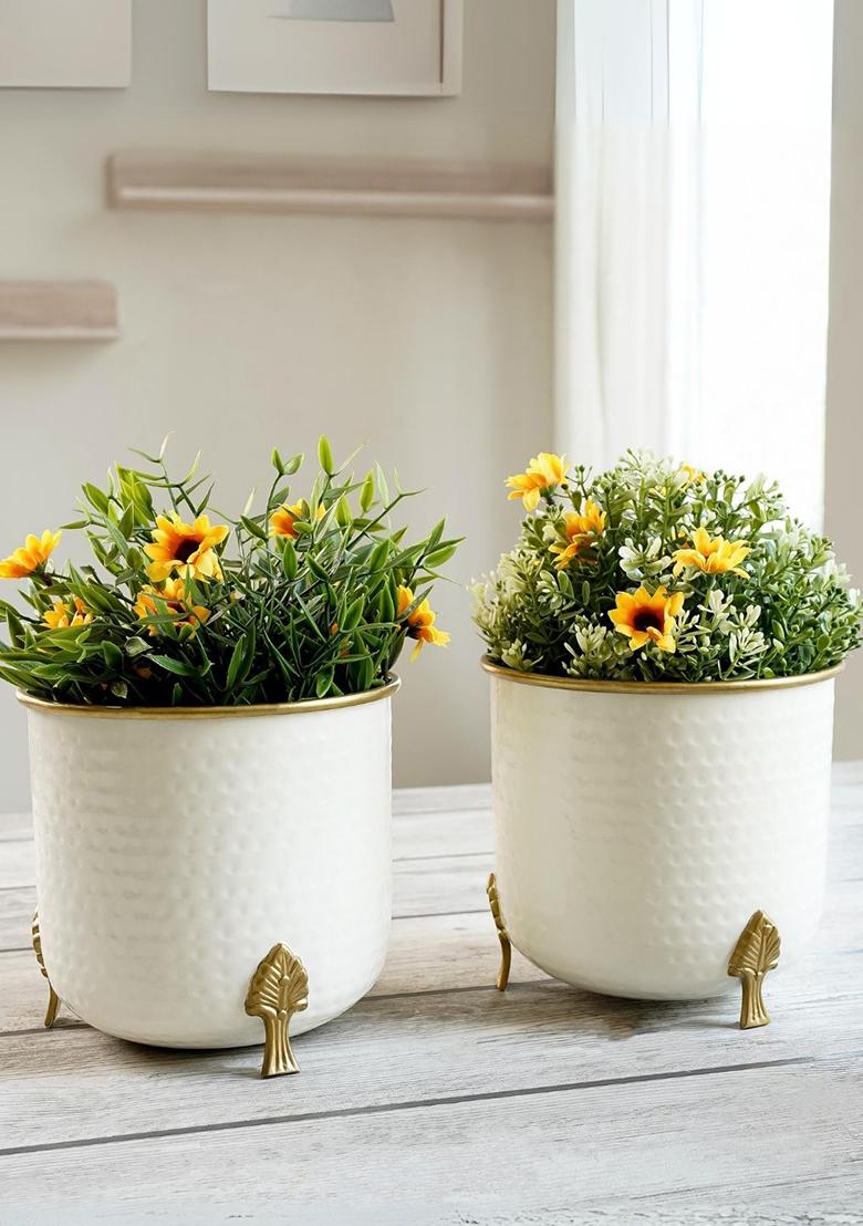 White Metal Gold Rim Leaf Leg Planter (Set Of 2)