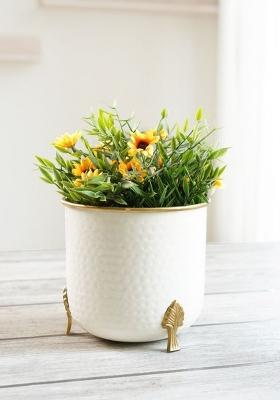 White Metal Gold Rim Leaf Leg Planter Small
