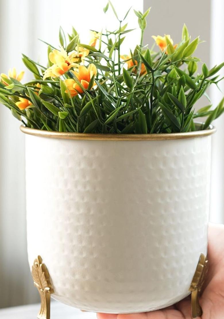 White Metal Gold Rim Leaf Leg Planter Small
