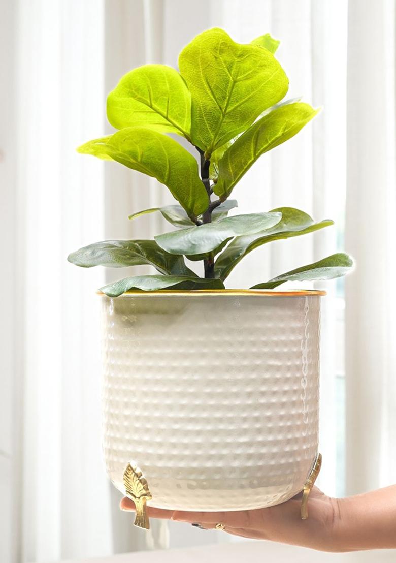 White Metal Gold Rim Leaf Leg Planter Large