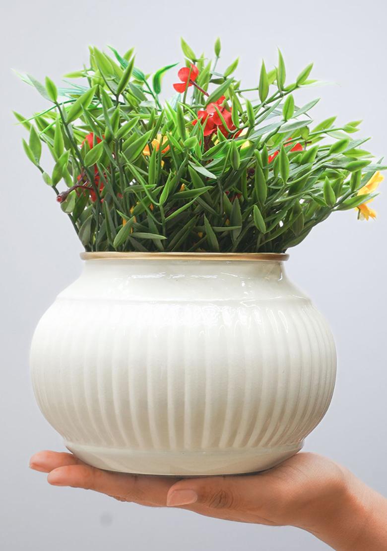 White Matki Metal Planter White Traditional Accent