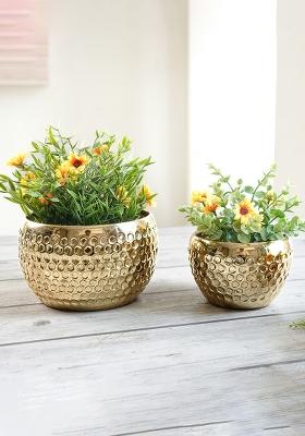 Gold Metal Honey Comb Planter(Set Of 2)