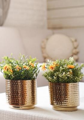 Gold Metal Hammered Planter(Set Of 2)