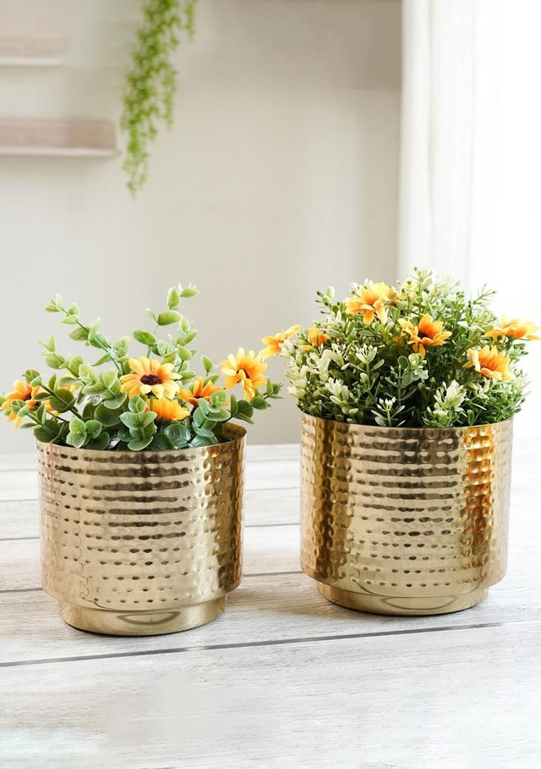 Gold Metal Hammered Planter(Set Of 2)