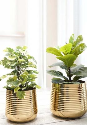 Gold Ribbed Metal Planter(Set Of 2)