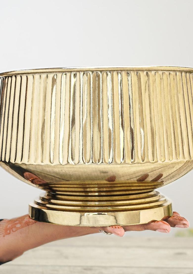 Gold Pedestal Fluted Metal Planter Premium Gold Finish