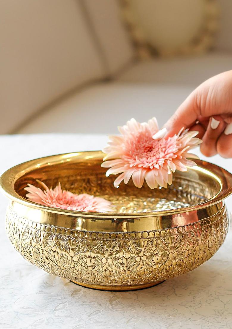 Gold Golden Chitai Design Metal Urli Bowl