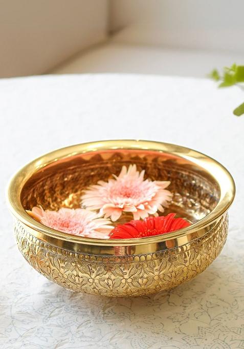 Gold Golden Chitai Design Metal Urli Bowl