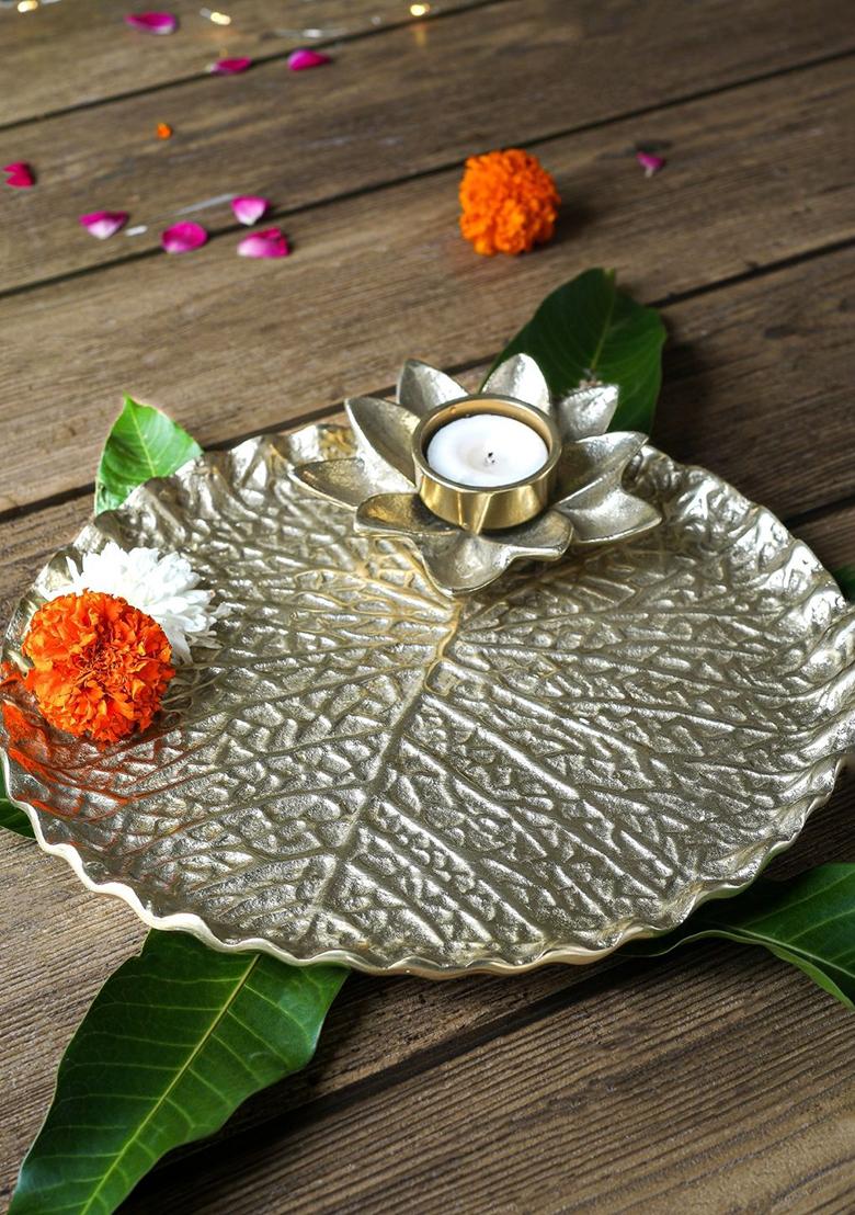 Gold Lotus Leaf Metal Thali Premium Design