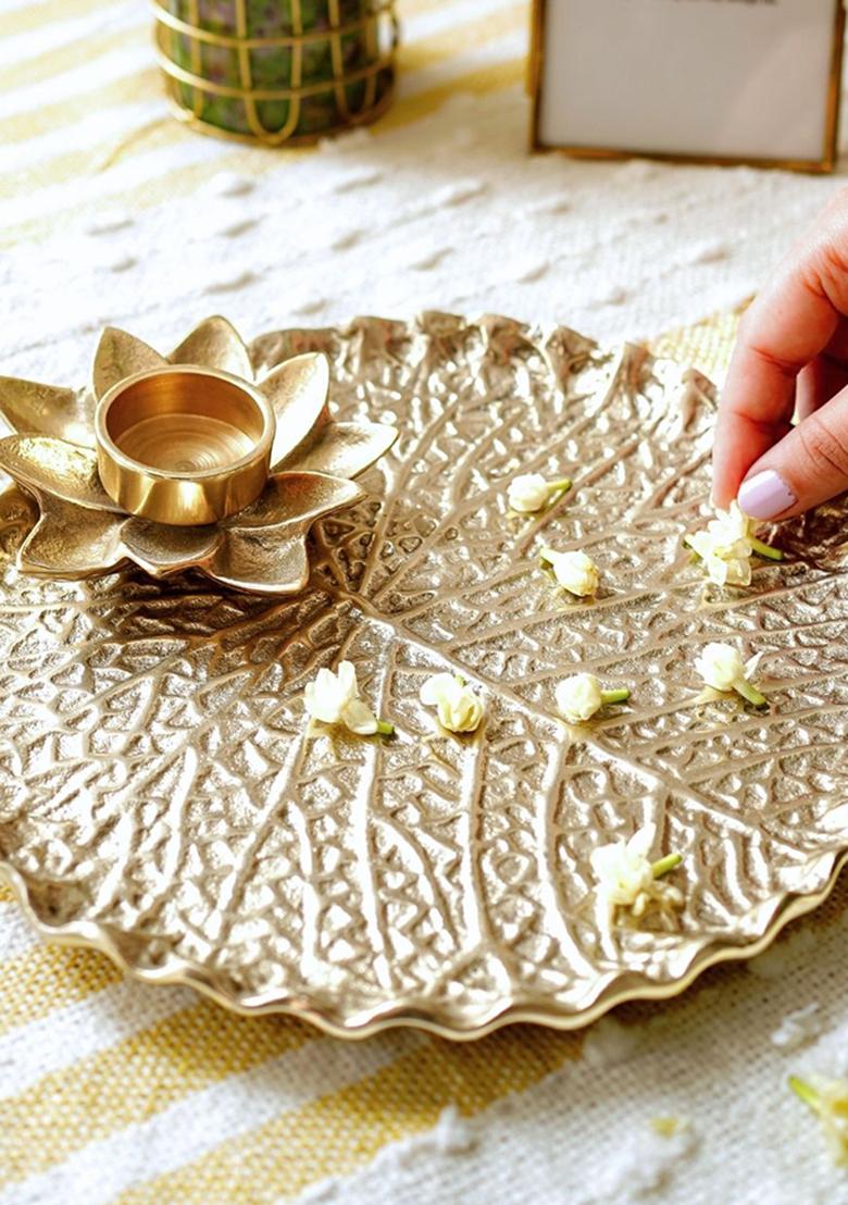 Gold Lotus Leaf Metal Thali Premium Design