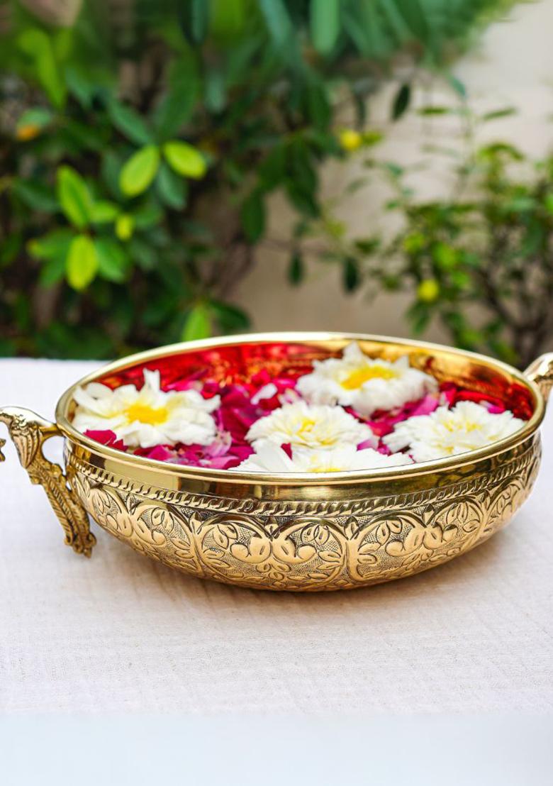 Gold Brass Chitai Peacock Handle Urli