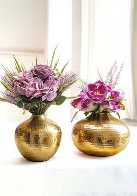 Gold Metal Hammered Flower Vase Gold Finish (Set Of 2)