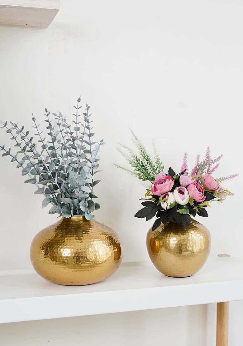 Gold Metal Hammered Flower Vase Gold Finish (Set Of 2)