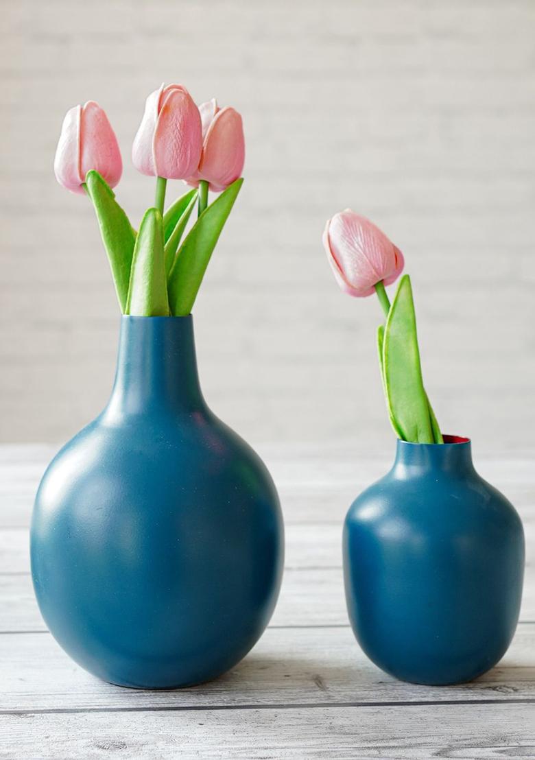 Opal Blue Metal Flower Vase Opal Blue Decorative Look (Set Of 2)