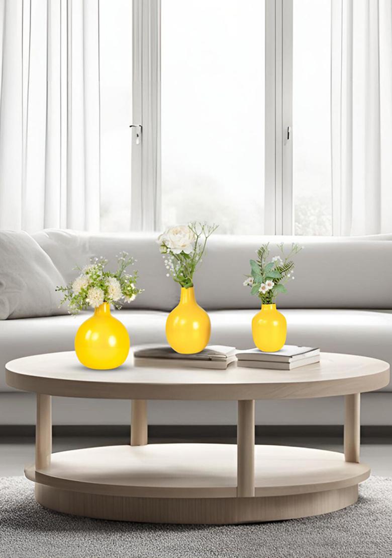 Yellow Metal Flower Vase Yellow Decorative Look (Set Of 3)