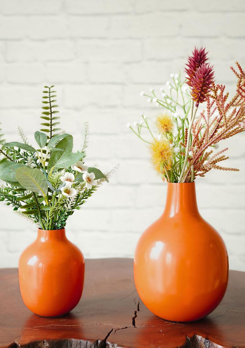 Orange Metal Flower Vase Vibrant Look (Set Of 2)