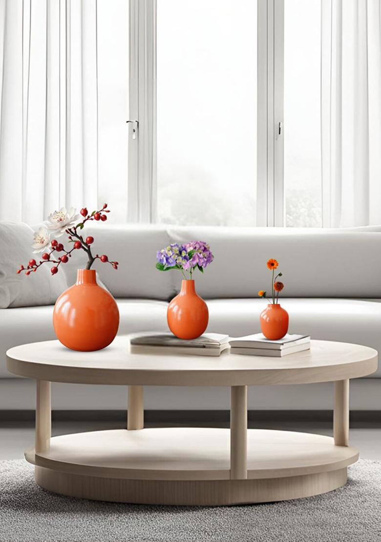 Orange Metal Flower Vase Vibrant Design (Set Of 3)