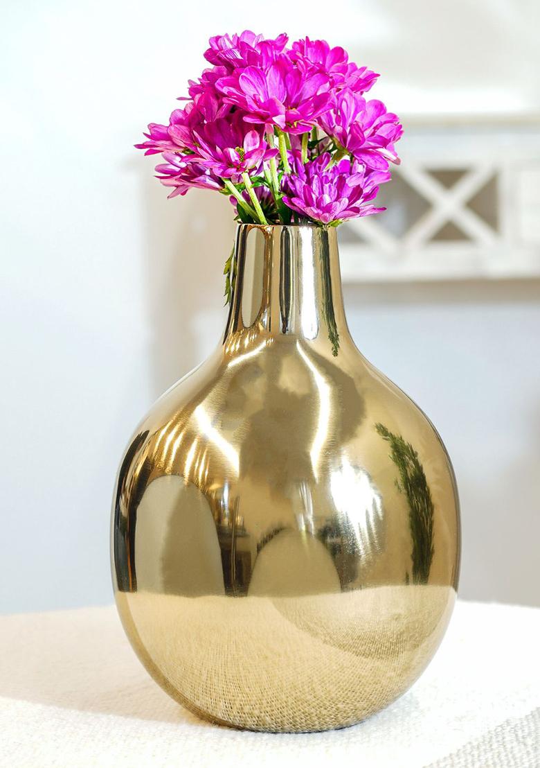 Gold Glossy Golden Metal Vase Medium Elegant Finish