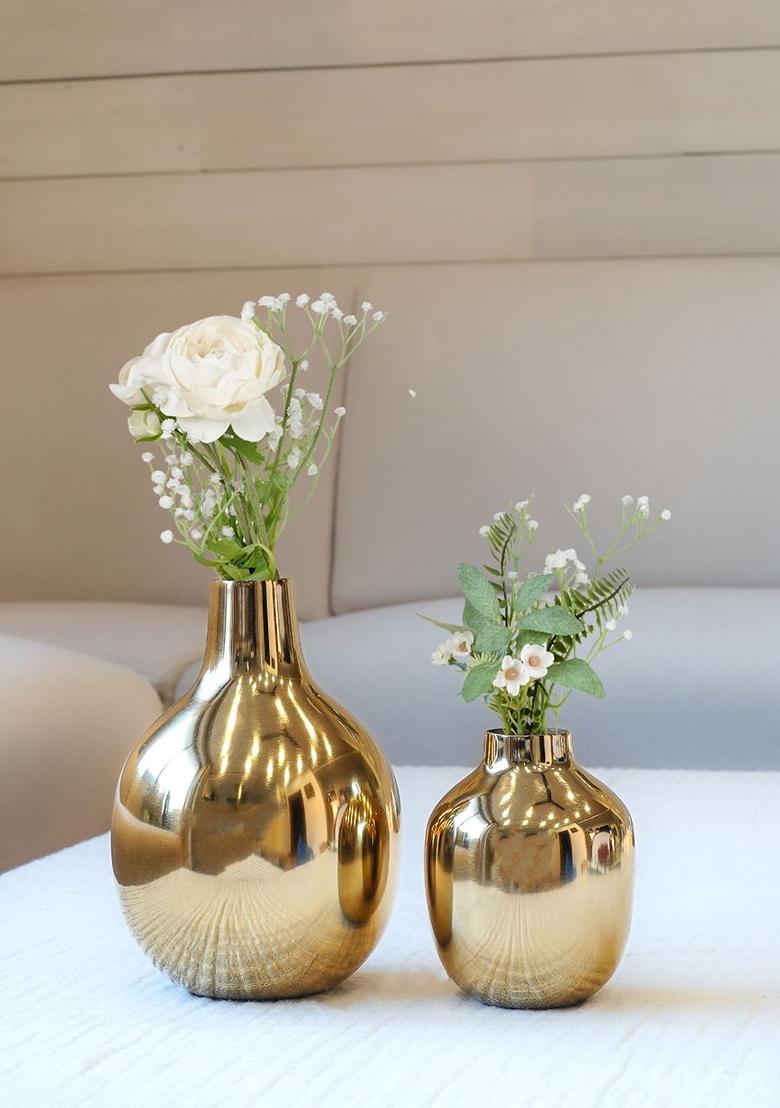 Gold Golden Metal Flower Vase Elegant Design (Set Of 2)