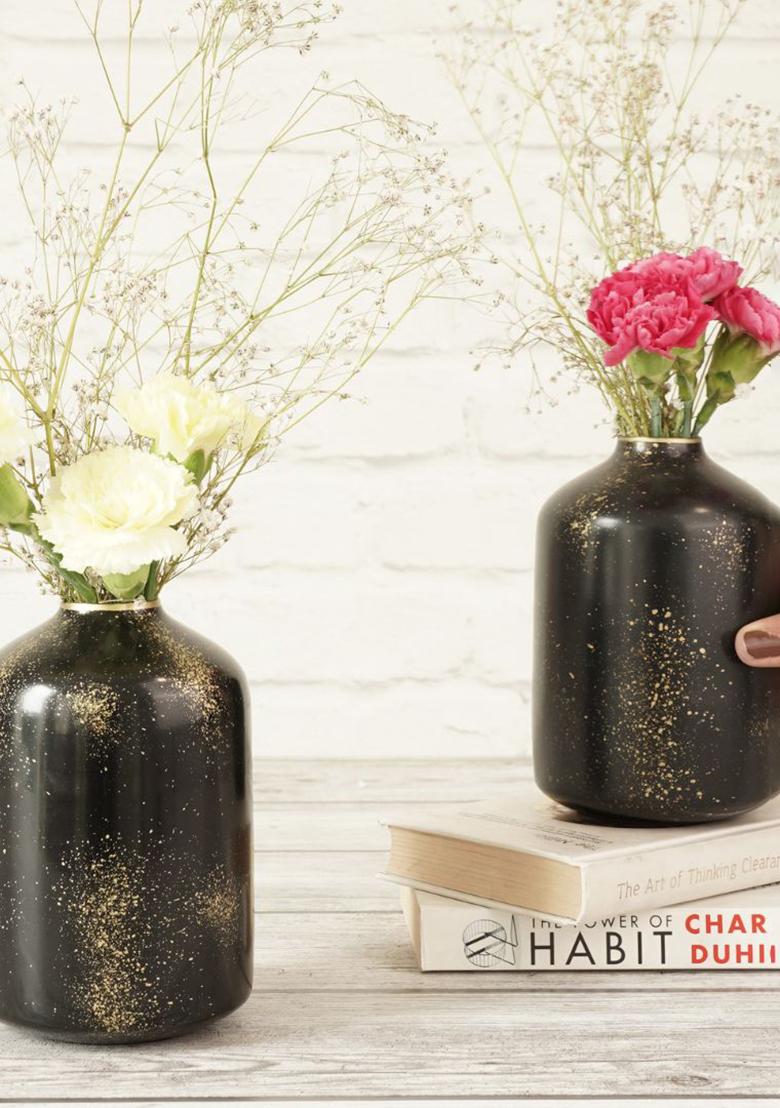 Black Metal Flower Vase Black Speckled Style (Set Of 2)