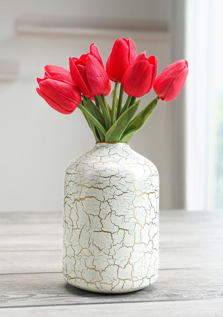 White Metal Bottle Flower Vase Off White