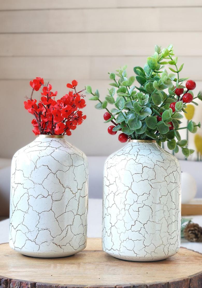 White Metal Bottle Flower Vase (Set Of 2)