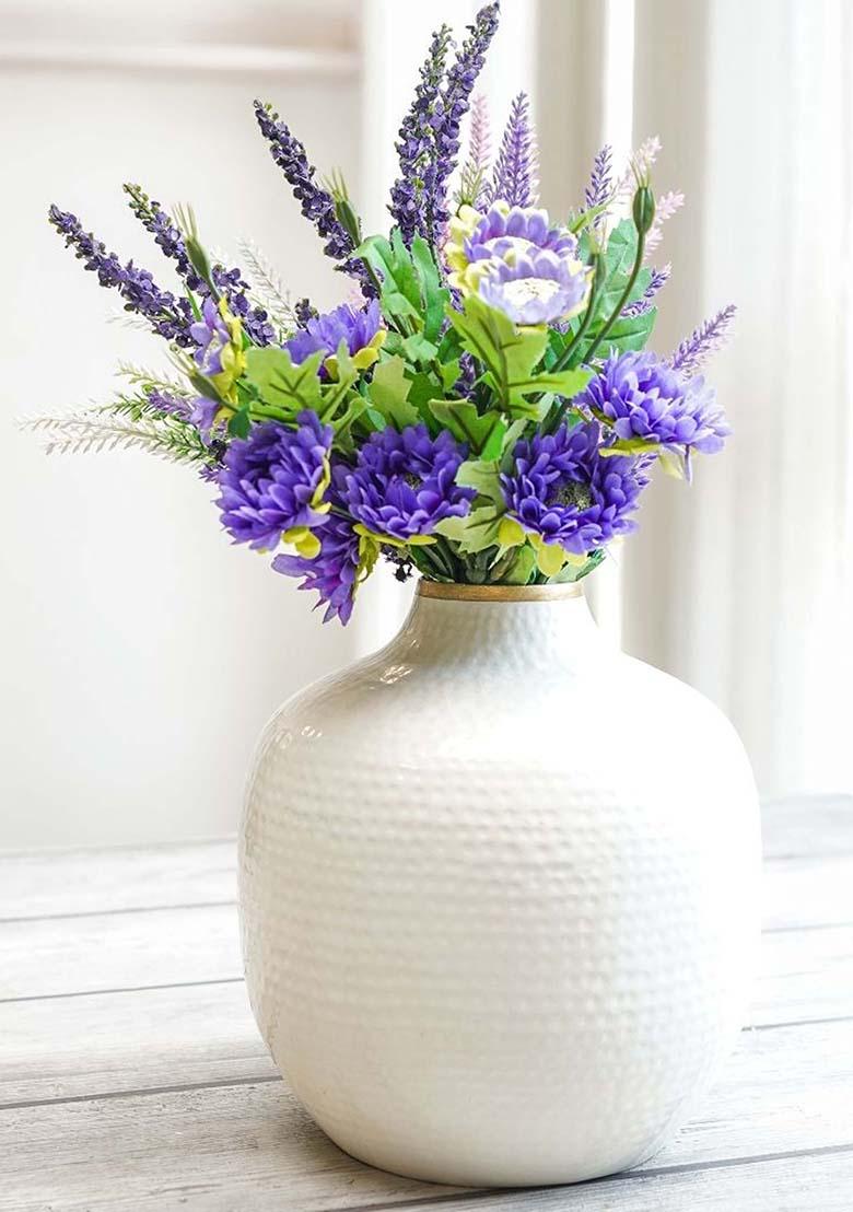 White Metal Flower Vase White Hammered Finish