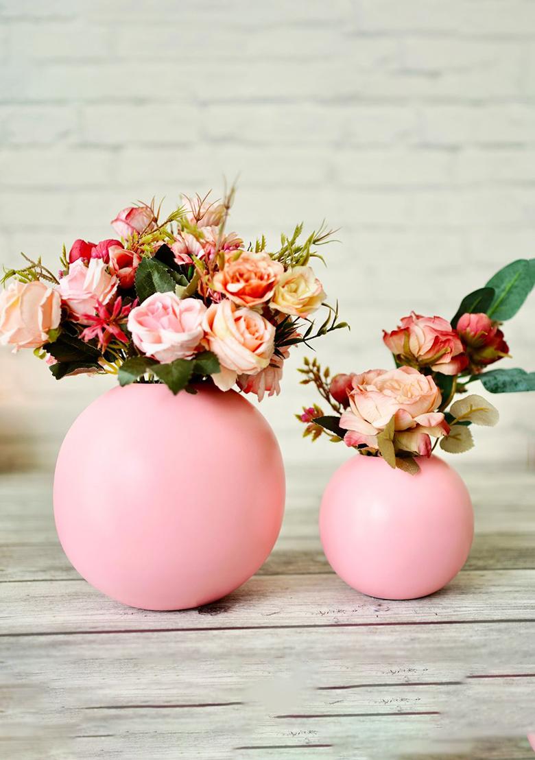 Pink Metal Flower Vase Pink Decorative Style (Set Of 2)