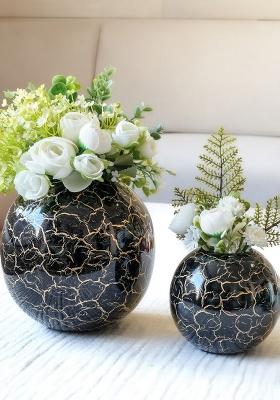 Black Metal Flower Vase Black Crackled Modern Style (Set Of 2)