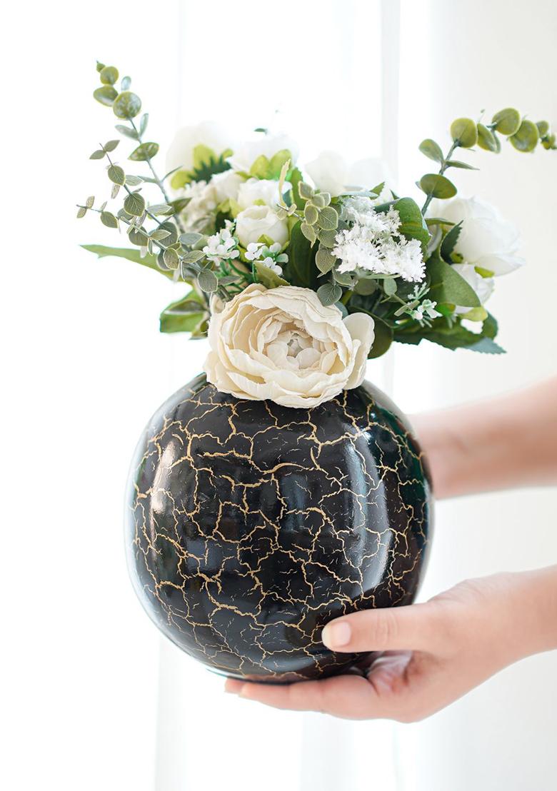 Black Metal Flower Vase Large Black Crackled Modern Design