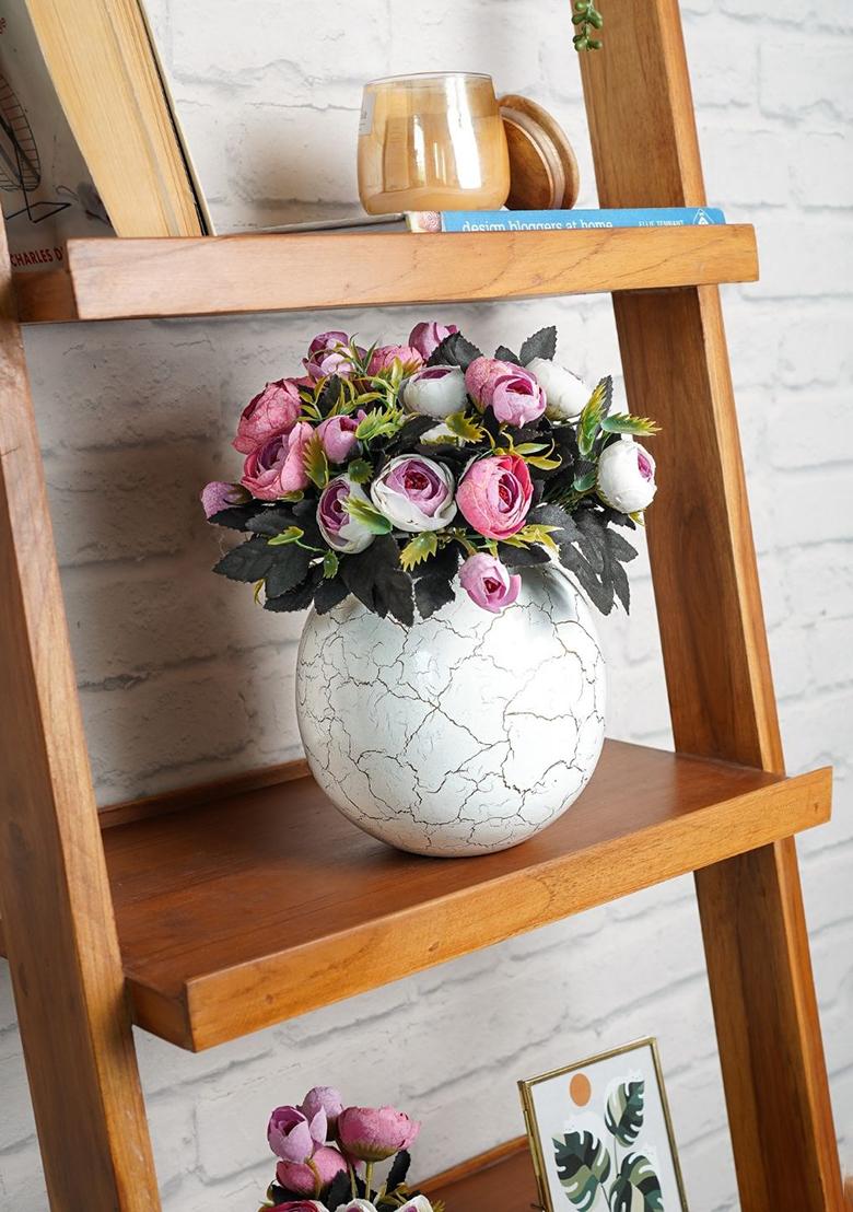 White Metal Ball Flower Vase Large Crackled Elegant Design