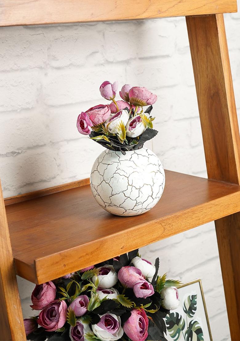 White Metal Ball Flower Vase White Crackled Compact Design