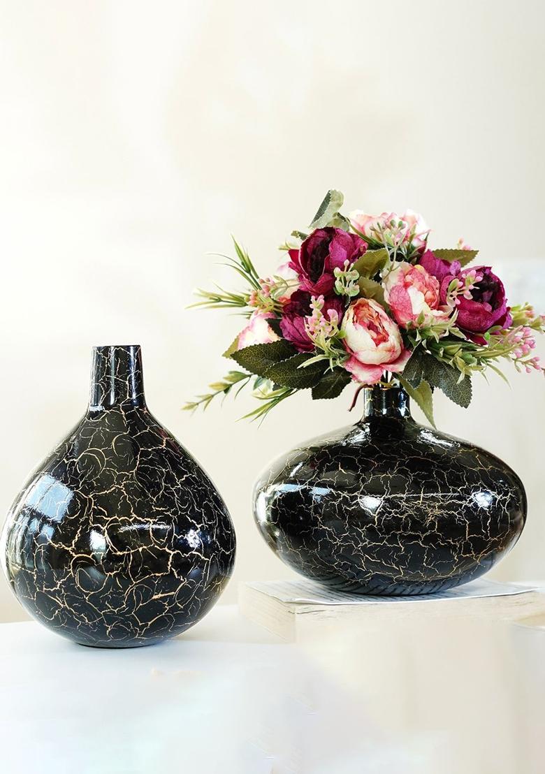 Black Metal Flower Vase Black Modern Crackled Style (Set Of 2)