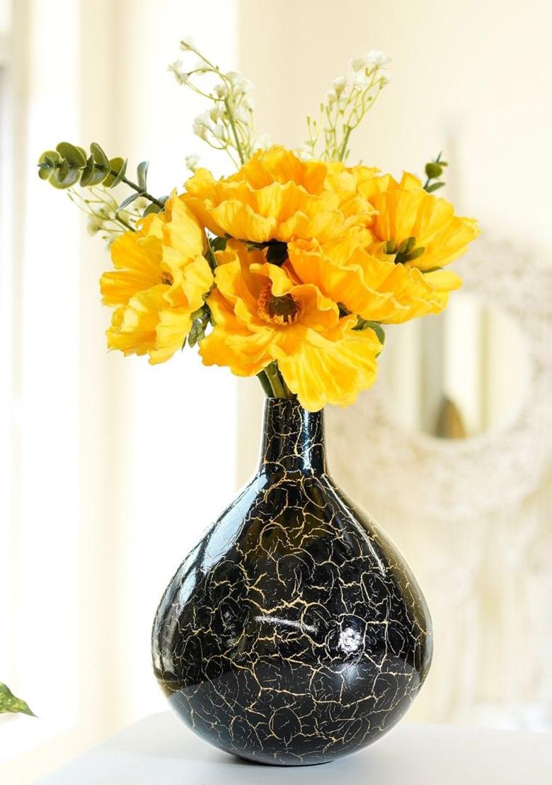 Black Metal Flower Vase Black Crackled Premium Finish