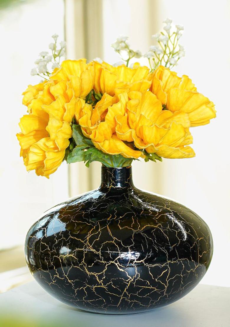 Black Metal Flower Vase Black Crackled Modern Design