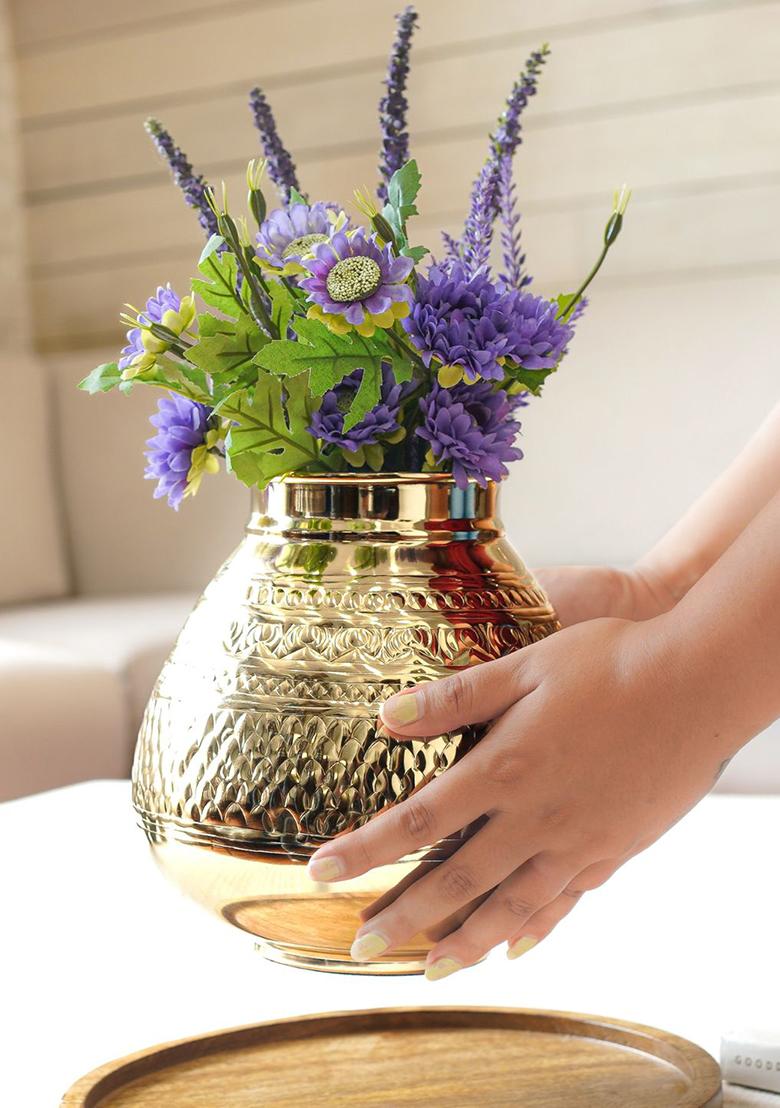 Gold Chitai Style Metal Matki Flower Vase Traditional Look