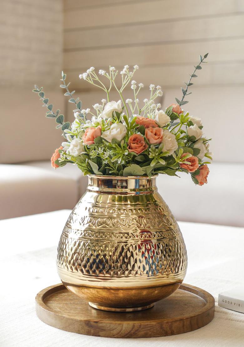 Gold Chitai Style Metal Matki Flower Vase Traditional Look