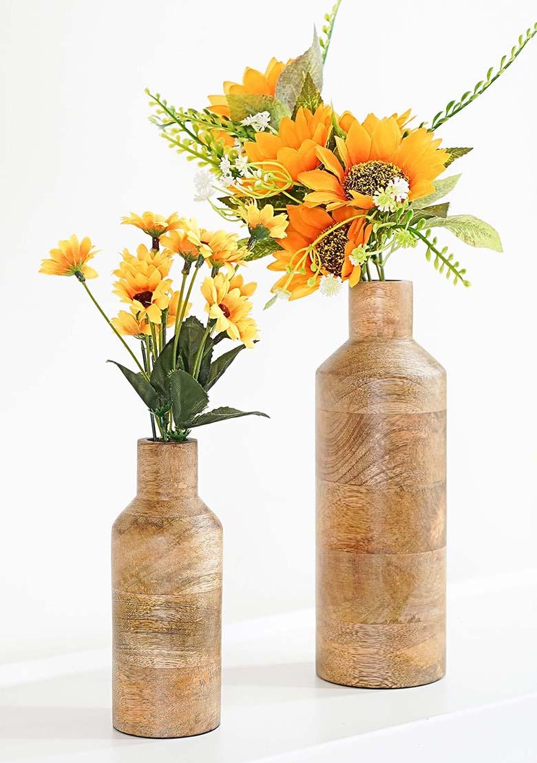 Brown Wooden Flower Vase Natural Finish Elegant Look (Set Of 2)