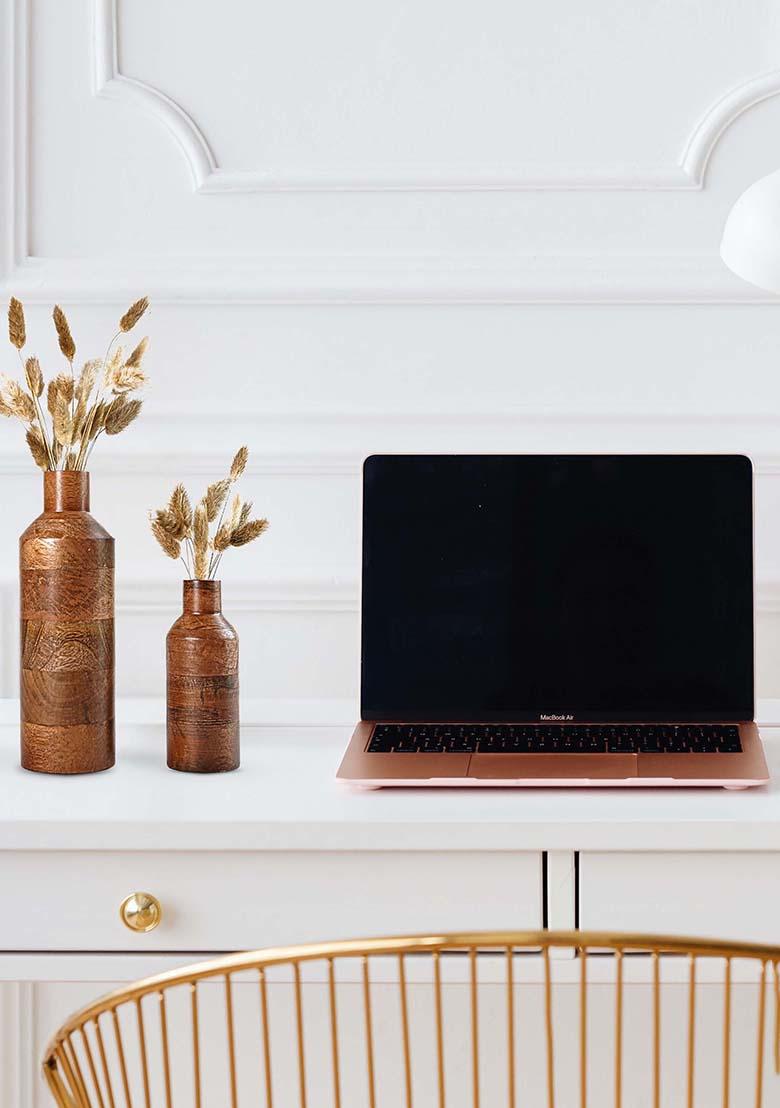 Brown Wooden Flower Vase Walnut Finish Classic Style (Set Of 2)