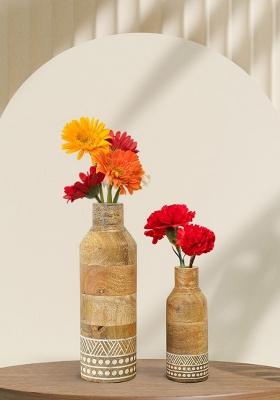 Brown Heritage Charm Wooden Flower Vase Set Classic Style