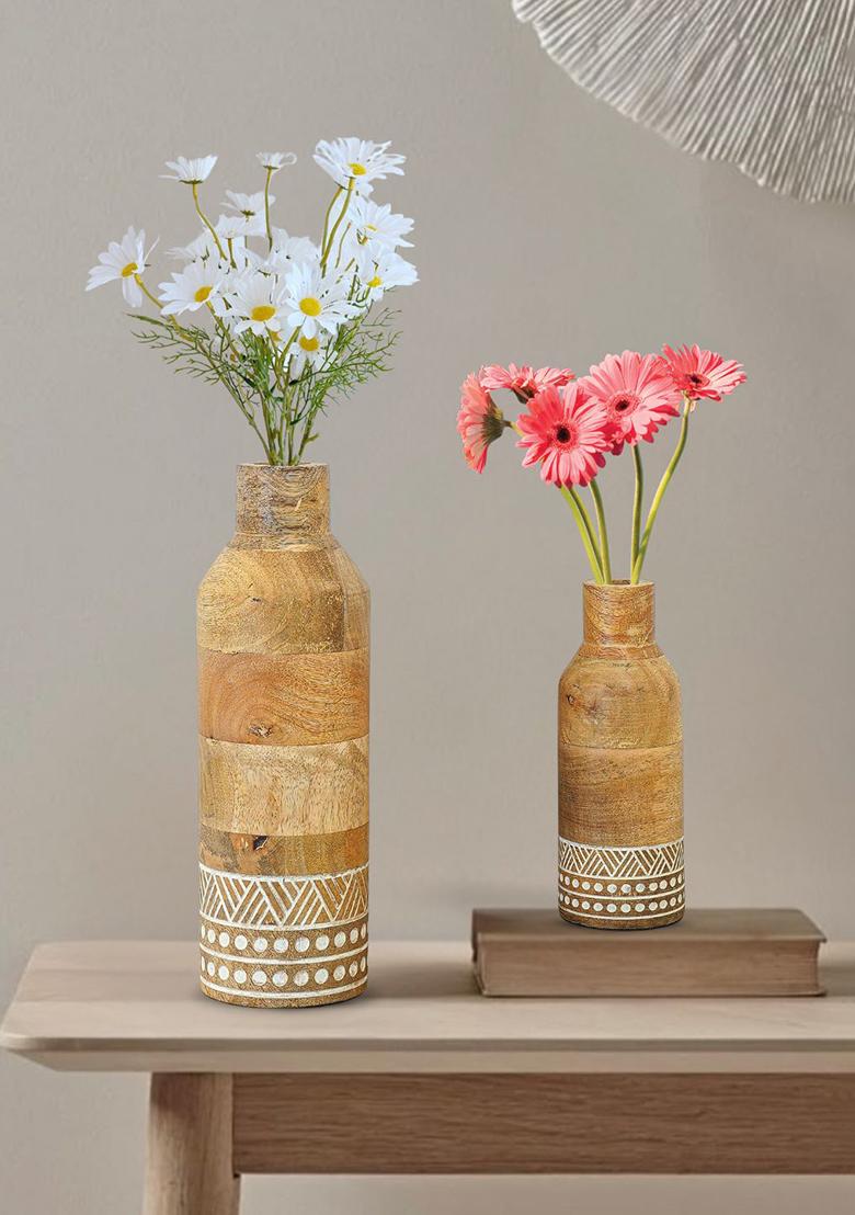 Brown Heritage Charm Wooden Flower Vase Set Classic Style