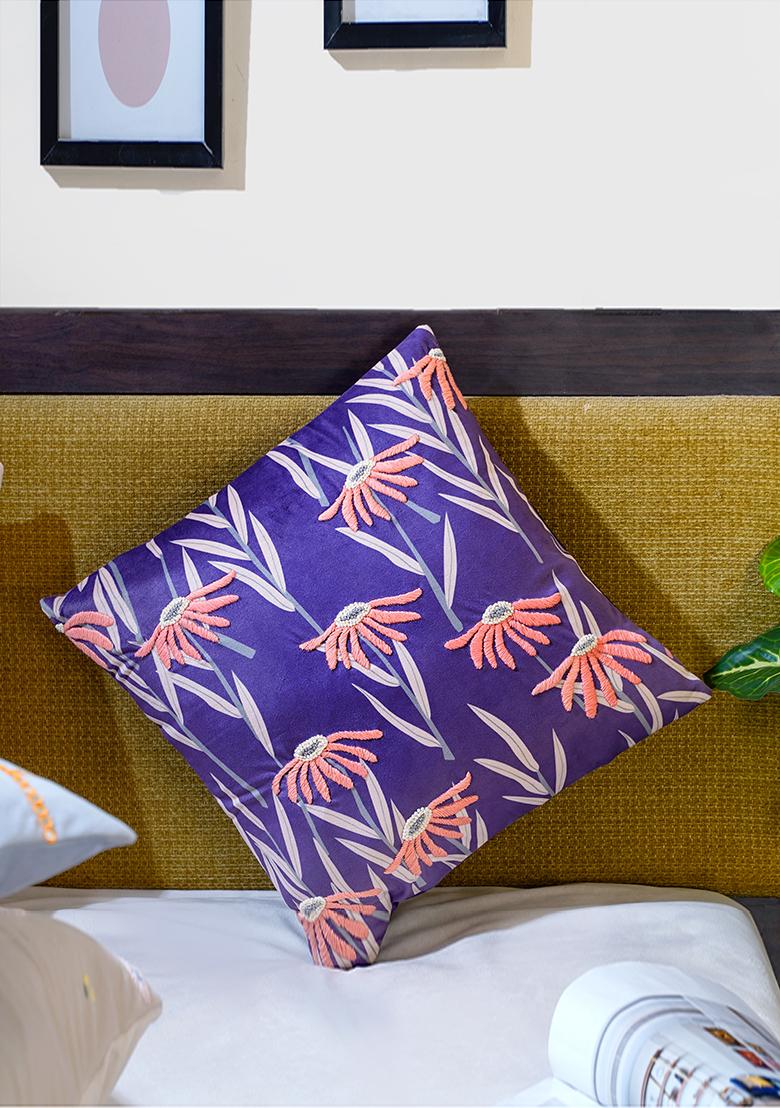 Purple Floral Moonlight Garden Embroidered Cushion Cover