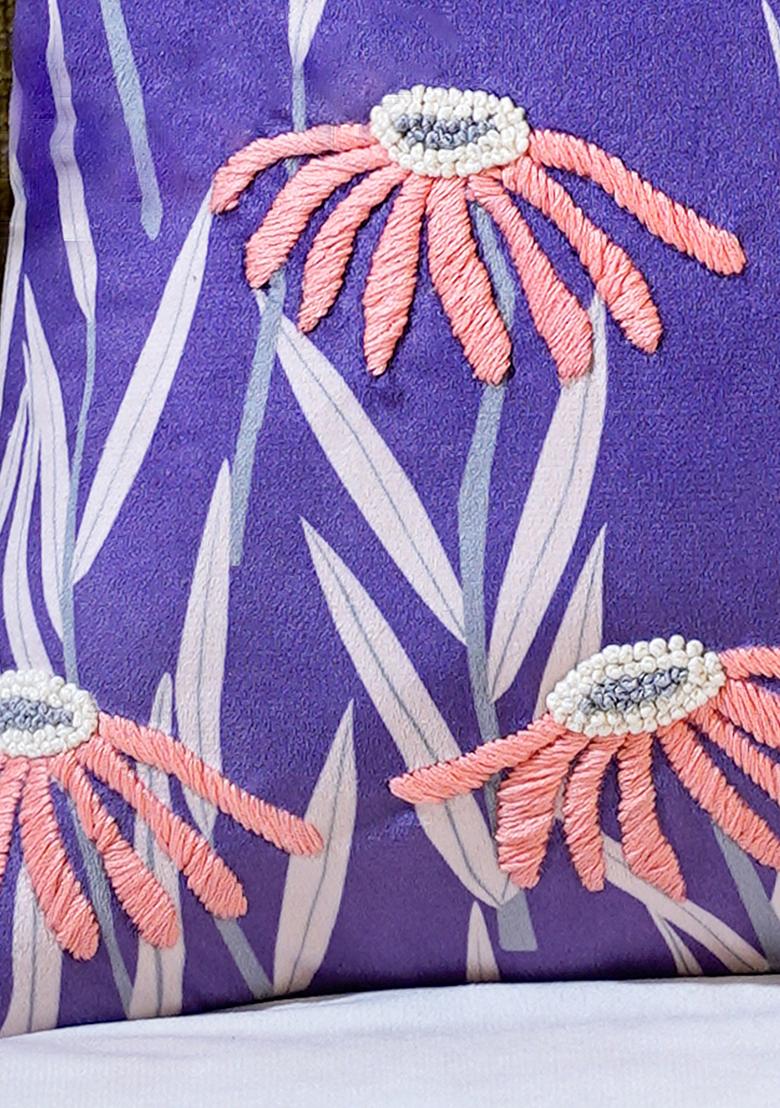Purple Floral Moonlight Garden Embroidered Cushion Cover