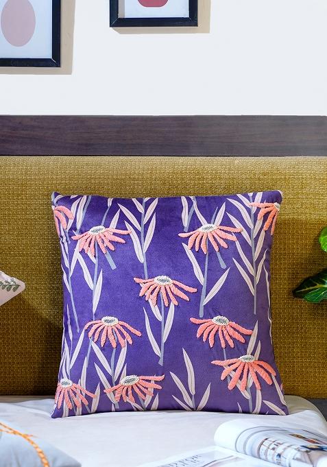 Purple Floral Moonlight Garden Embroidered Cushion Cover