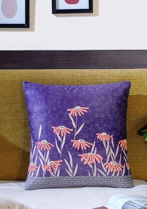 Purple Moonlit Garden Embroidered Velvet Cushion Cover