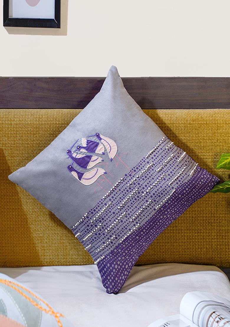 Purple Moonlit Garden Heron Birds Cushion Cover