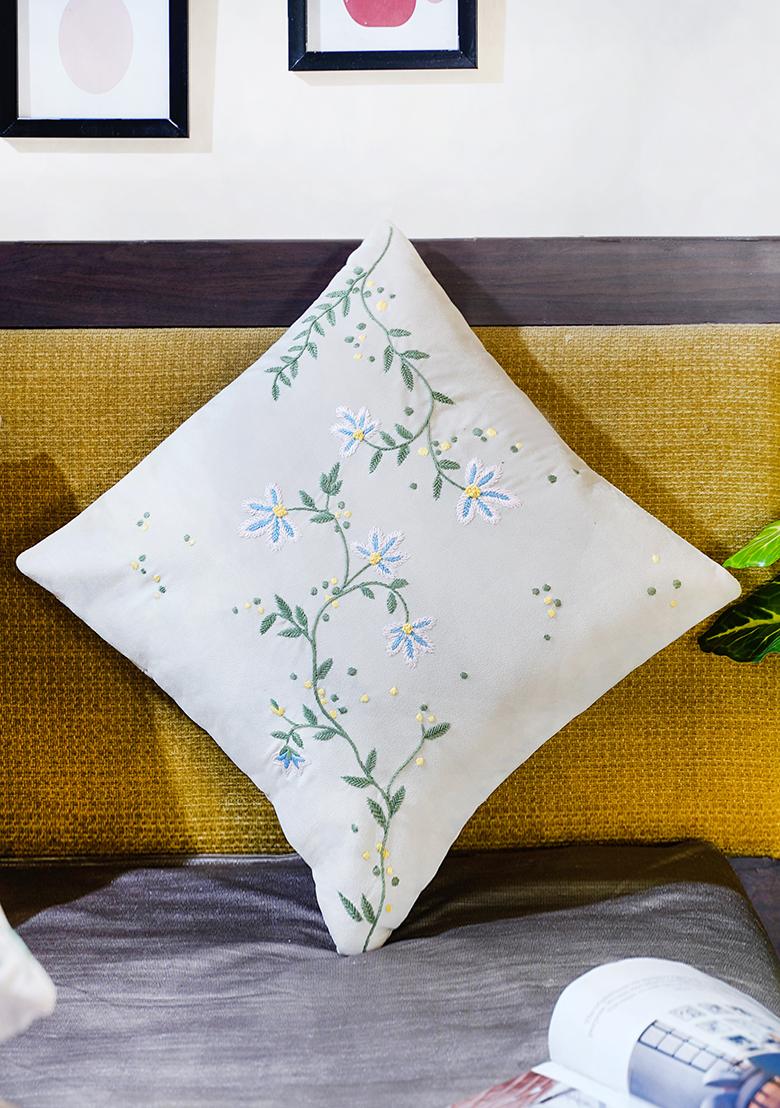Off White White Velvet Floral Embroidered Cushion Covers